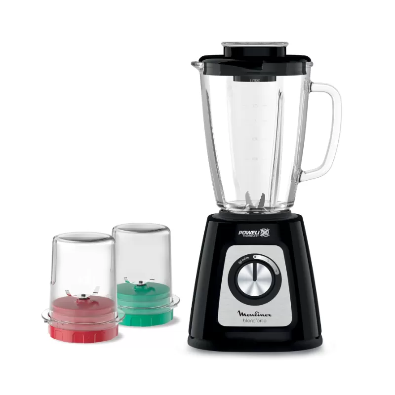 moulinex-blend-force-blender-800-watt-consisting-of-175-liter-glass-jar-grinder-and-grater-black-lm4358eg خلاط مولينكس بليندفورس – 2 لتر مع مطحنة وكبة – موديل LM4358EG - الصورة 1